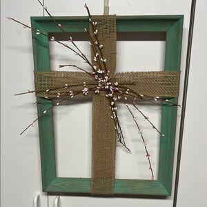 Rustic Green and Brown Burlap Cross Frame